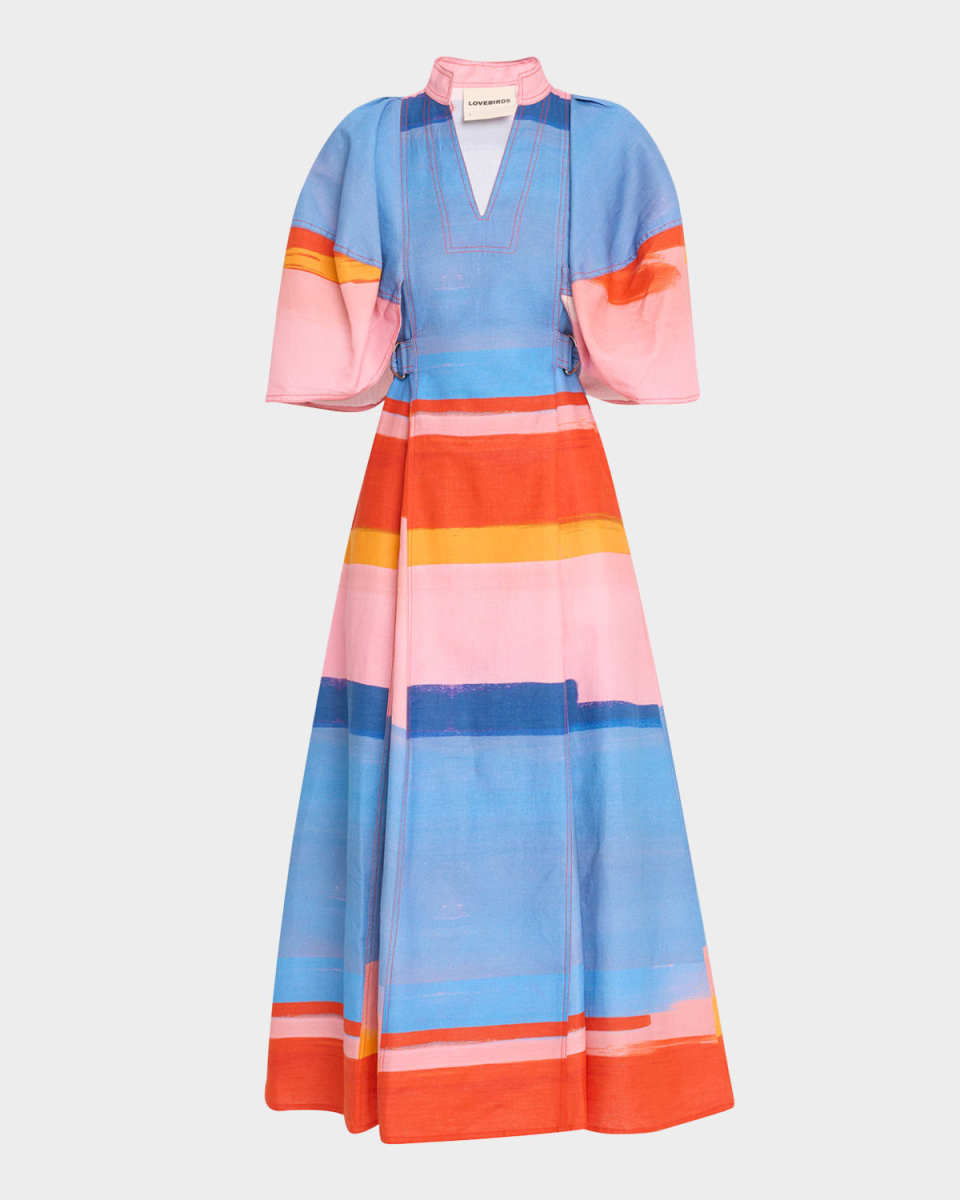 Miami Striped Cape-Sleeve Midi Dress